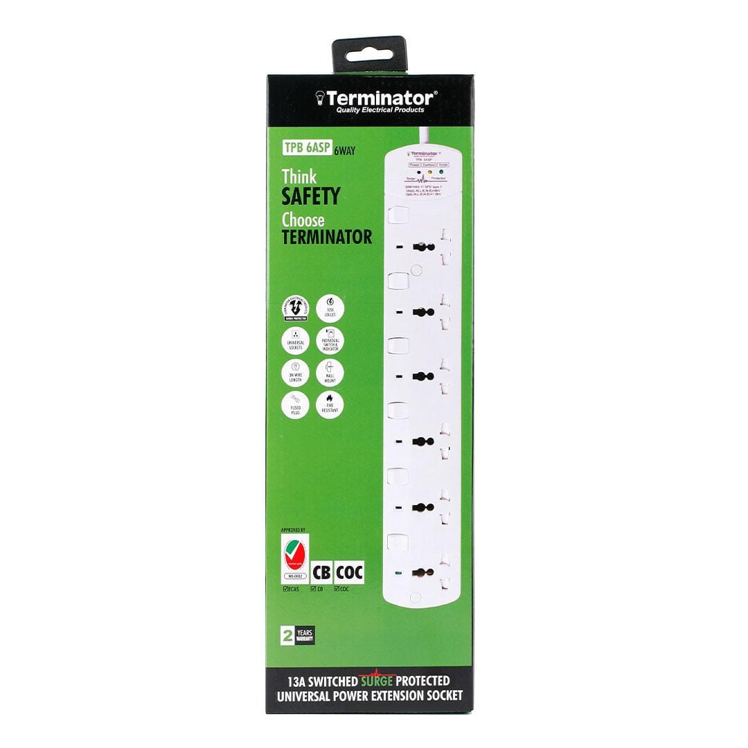 Terminator Power Management & Protection Terminator 6-Way Universal Power Extension Socket with Surge Protection - TPB 6ASP-3M