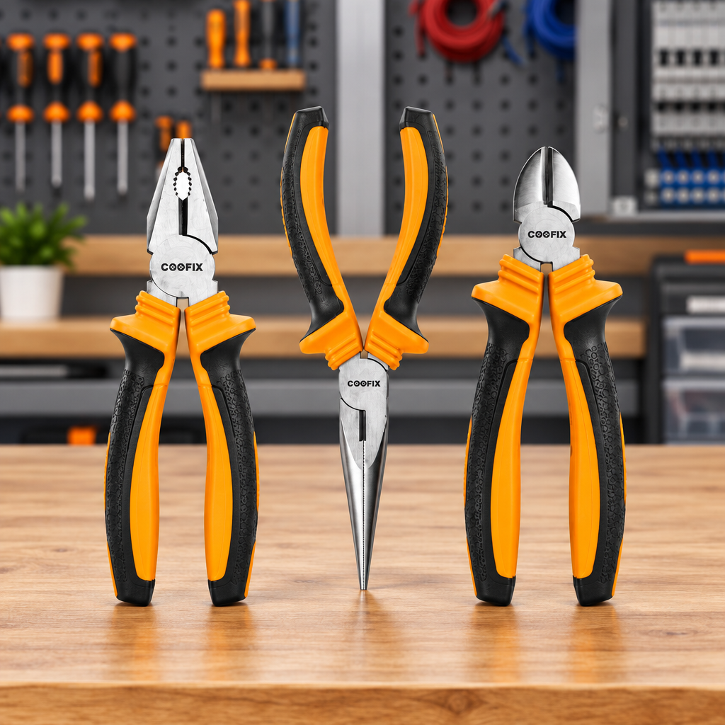 Three-piece Coofix pliers set on a workshop table
