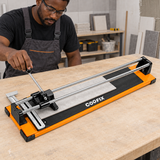Tiler setting up the first Coofix tile cutter with its original guide and lever design