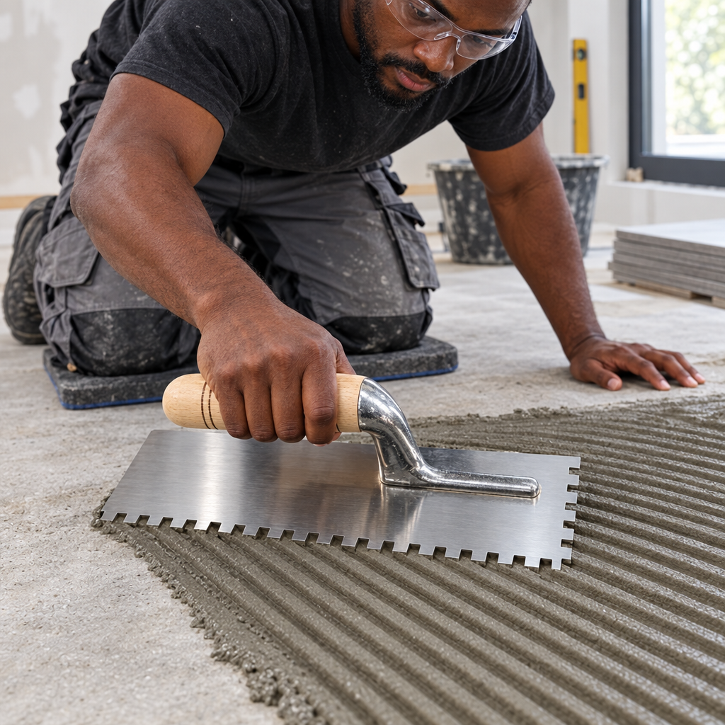 Tiler using the Coofix notched trowel to comb tile adhesive