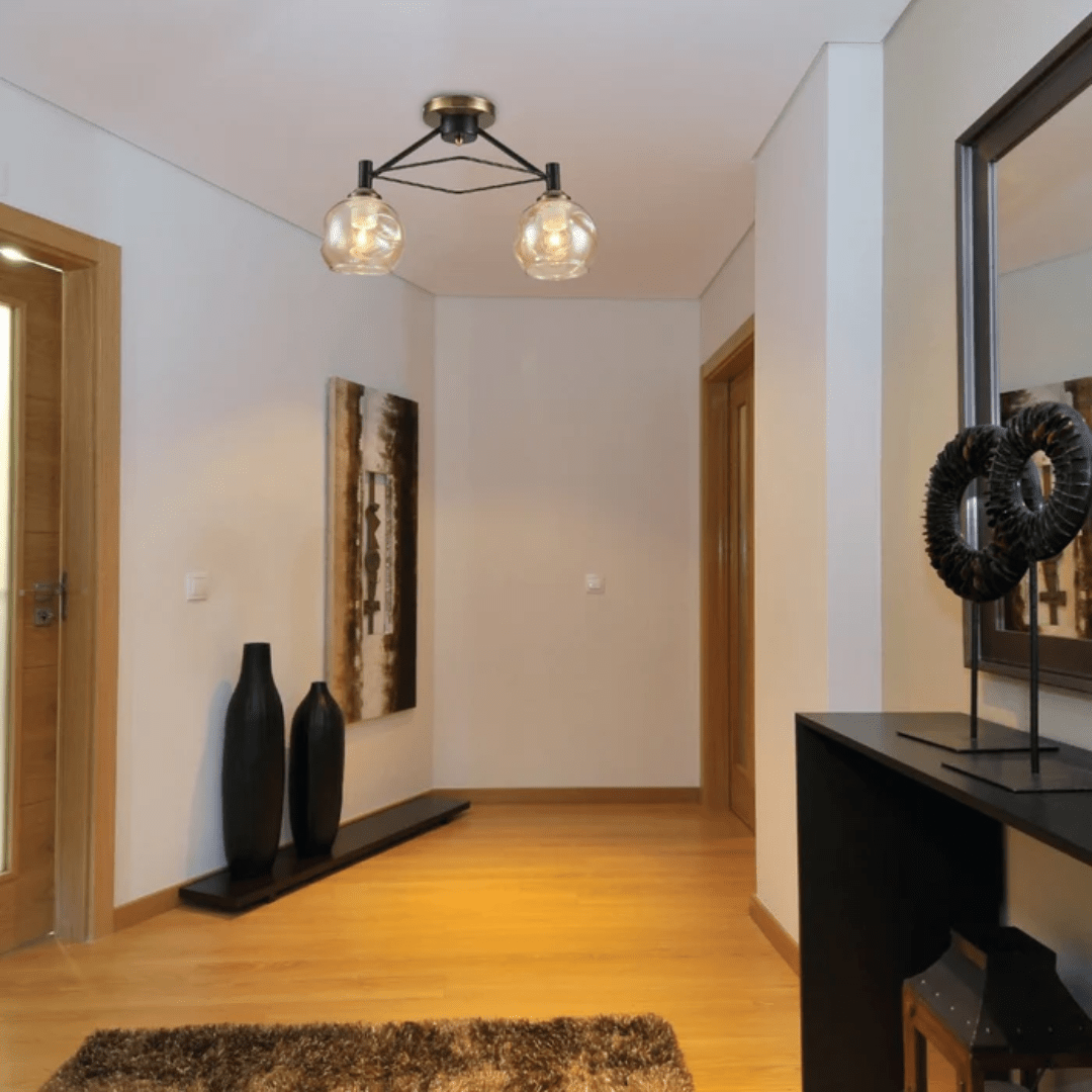 TKLD Ceiling Lights Amber 2 Lamp Dimpled Bell Glass Black Metal Semi Flush Ceiling Light - 60W