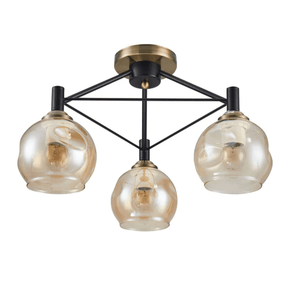 TKLD Ceiling Lights Amber 3 Lamp Dimpled Bell Glass Black Metal Semi Flush Ceiling Light - 60W