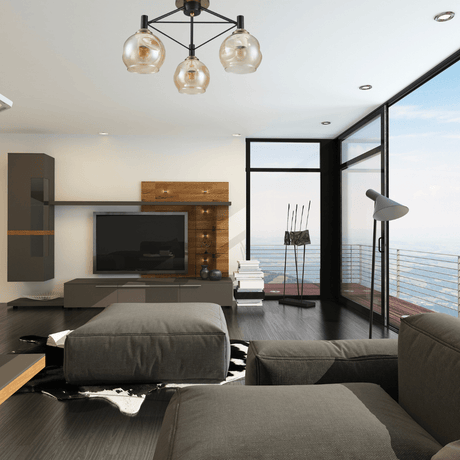 TKLD Ceiling Lights Amber 3 Lamp Dimpled Bell Glass Black Metal Semi Flush Ceiling Light - 60W