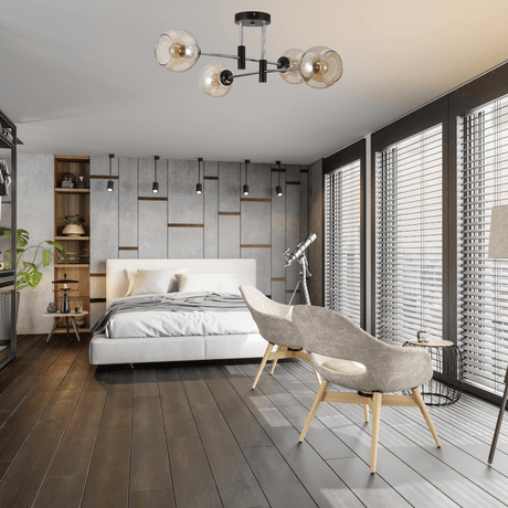 TKLD Ceiling Lights Amber 4 Lamp Glass Globe Chrome and Black Metal Semi Flush Ceiling Light - 60W