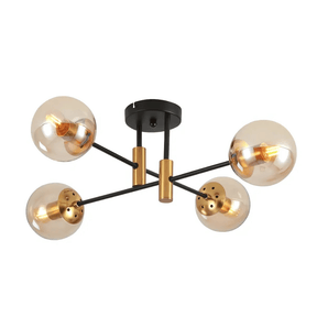 TKLD Ceiling Lights Amber 4 Lamp Glass Globe Gold and Black Metal Semi Flush Ceiling Light - 40W
