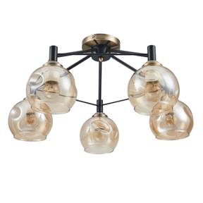 TKLD Ceiling Lights Amber 5 Lamp Dimpled Bell Glass Black Metal Semi Flush Ceiling Light - 60W