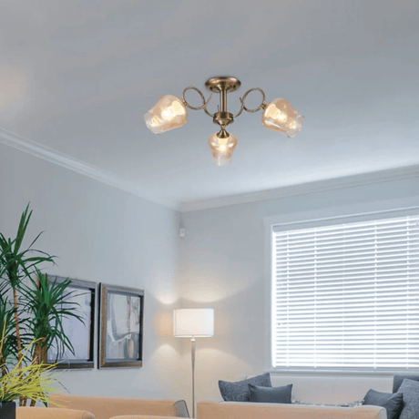 TKLD Ceiling Lights Amber Bell 3 Lamp Glass Antique Brass Metal Semi Flush Ceiling Light - 40W