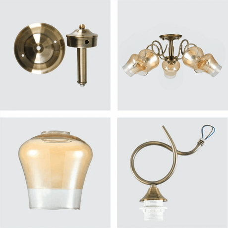 TKLD Ceiling Lights Amber Bell 5 Lamp Glass Antique Brass Metal Semi Flush Ceiling Light - 40W