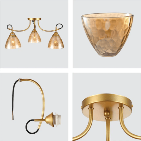 TKLD Ceiling Lights Amber Cone Glass Gold Semi Flush Ceiling Light E27 - 3 Lamps