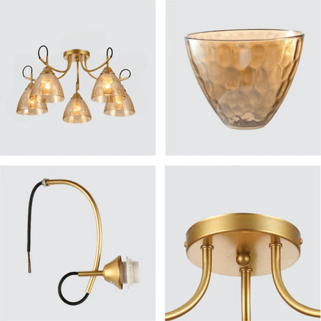 TKLD Ceiling Lights Amber Cone Glass Gold Semi Flush Ceiling Light E27 - 5 Lamps