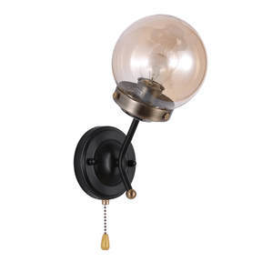 TKLD Wall & Sconce Lights Amber Glass Antique Brass and Black Globe E27 Wall Light with Pull Down Switch