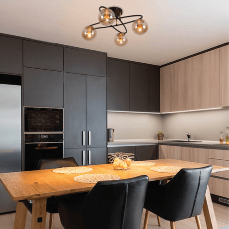 TKLD Ceiling Lights Amber Globe Glass Black Ellipse Metal Modern Semi Flush Ceiling Light E27 - 4 Lamps