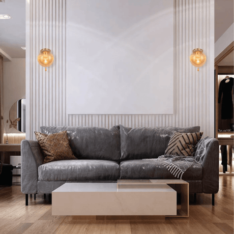 TKLD Wall & Sconce Lights Amber Globe Glass Gold Ellipse Metal Body Modern E27 Wall Light with Pull Down Switch