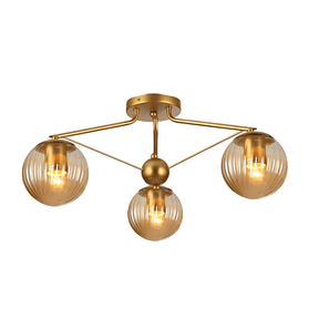 TKLD Ceiling Lights Amber Reeded 3 Lamp Globe Gold Semi Flush Ceiling Light - 40W