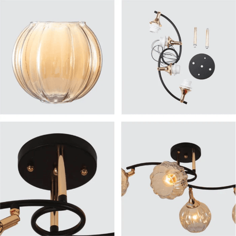 TKLD Ceiling Lights Amber Reeded 4 Lamp Globe Glass Vintage Retro Semi Flush Ceiling Light - 40W