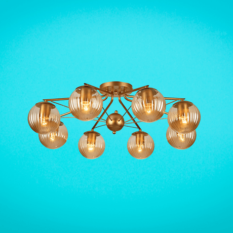 TKLD Ceiling Lights Amber Reeded 8 Lamp Globe Gold Semi Flush Ceiling Light - 40W
