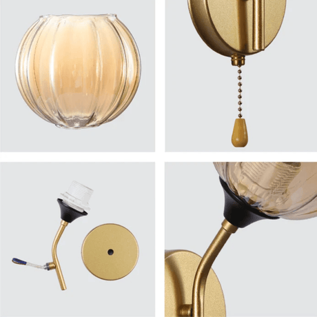 TKLD Wall & Sconce Lights Amber Reeded Globe Glass Gold Metal Vintage Retro E27 Wall Light with Pull Down Switch