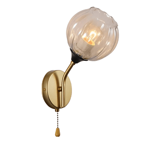 TKLD Wall & Sconce Lights Amber Reeded Globe Glass Gold Metal Vintage Retro E27 Wall Light with Pull Down Switch