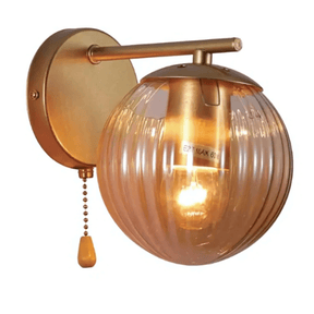 TKLD Wall & Sconce Lights Amber Reeded Globe Gold Wall Light E27 Pull Down Switch