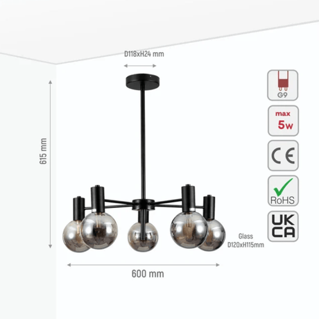 TKLD Pendant & Chandeliers Black And Smoky G9 Fitting 5 Lamps Chandelier Ceiling Light - 5W