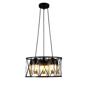 TKLD Pendant & Chandeliers Black Caged Metal Amber Cylinder Glass Chandelier Ceiling Light