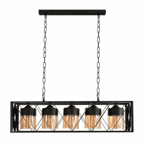TKLD Pendant & Chandeliers Black Caged Metal Amber Cylinder Glass Island 5xE27 Chandelier Ceiling Light