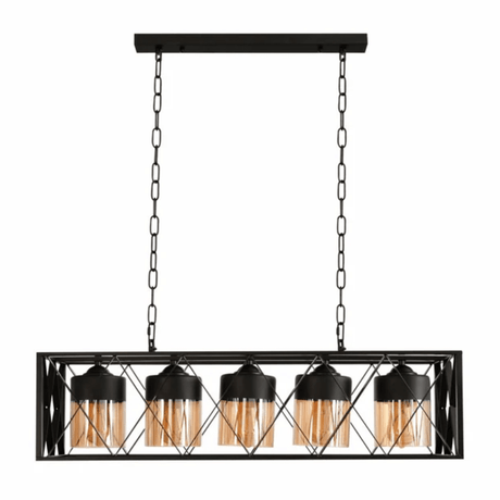 TKLD Pendant & Chandeliers Black Caged Metal Amber Cylinder Glass Island 5xE27 Chandelier Ceiling Light