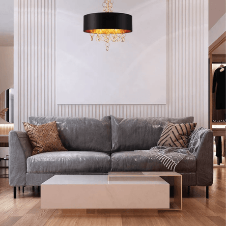 TKLD Pendant & Chandeliers Black Copper Fabric Drum Shade Gold Ring Chandelier Ceiling Light - 40W