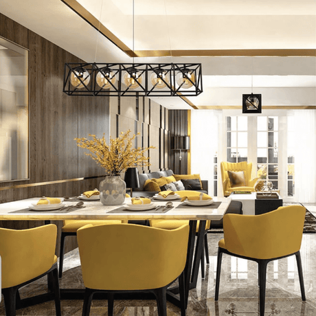 TKLD Pendant & Chandeliers Black Cuboid Metal Amber Globe Glass Island 5xE27 Chandelier Ceiling Light