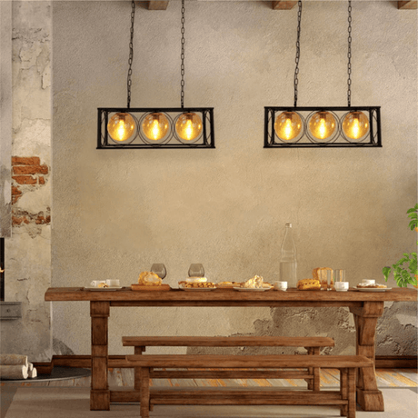 TKLD Pendant & Chandeliers Black Cuboid Metal Amber Globe Glass Island Chandelier Ceiling Light 3xE27