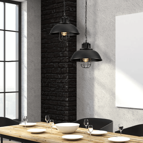 TKLD Pendant & Chandeliers Black Dome Caged Industrial Metal E27 Ceiling Pendant Light