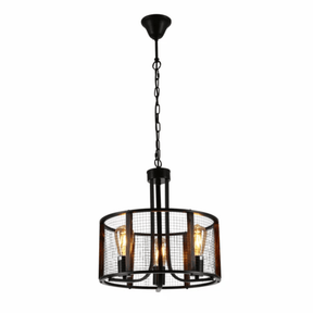 TKLD Pendant & Chandeliers Black Metal Natural Wood Cylinder Cage 3xE27 Pendant Ceiling Light