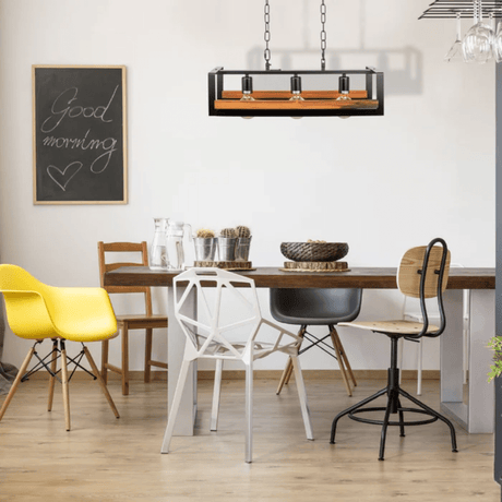 TKLD Pendant & Chandeliers Black Metal Wood Cuboid Island E27 Chandelier Ceiling Light - 3 Lamps