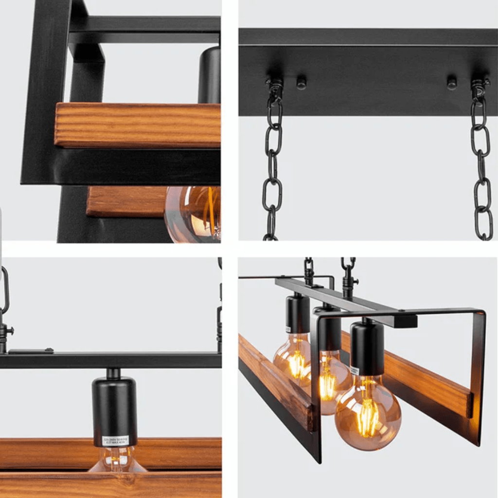 TKLD Pendant & Chandeliers Black Metal Wood Cuboid Island E27 Chandelier Ceiling Light - 4 Lamps