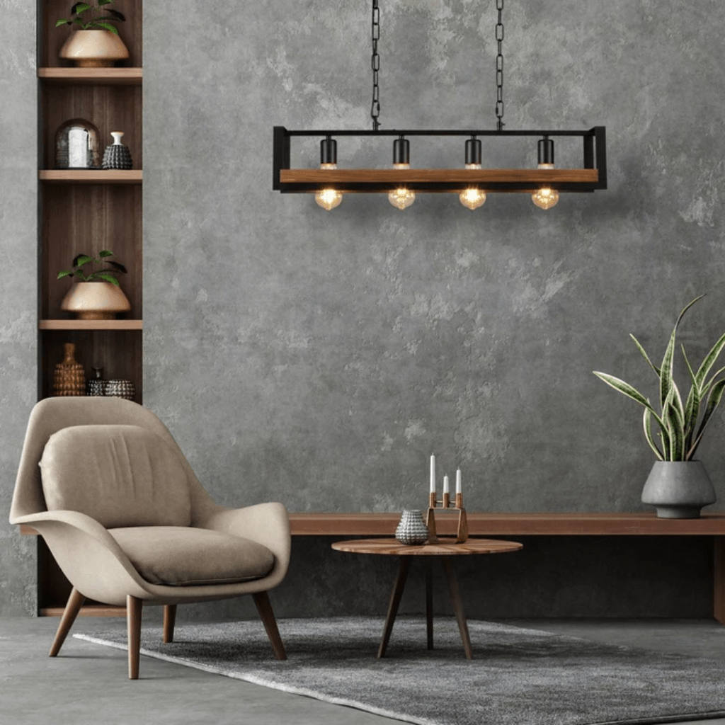 TKLD Pendant & Chandeliers Black Metal Wood Cuboid Island E27 Chandelier Ceiling Light - 4 Lamps