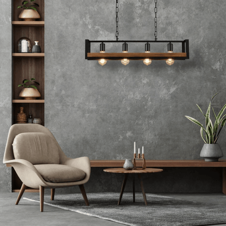 TKLD Pendant & Chandeliers Black Metal Wood Cuboid Island E27 Chandelier Ceiling Light - 4 Lamps