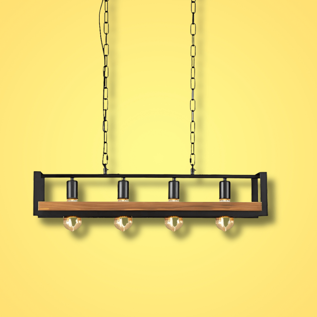 TKLD Pendant & Chandeliers Black Metal Wood Cuboid Island E27 Chandelier Ceiling Light - 4 Lamps