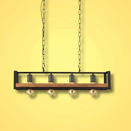 TKLD Pendant & Chandeliers Black Metal Wood Cuboid Island E27 Chandelier Ceiling Light - 4 Lamps