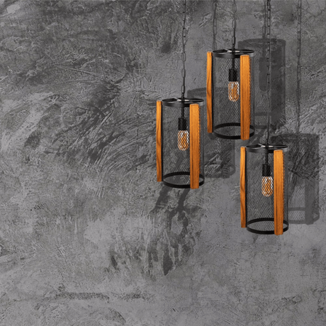 TKLD Pendant & Chandeliers Black Metal Wood Cylinder Cage E27 Pendant Ceiling Light - D210 mm/D350 mm