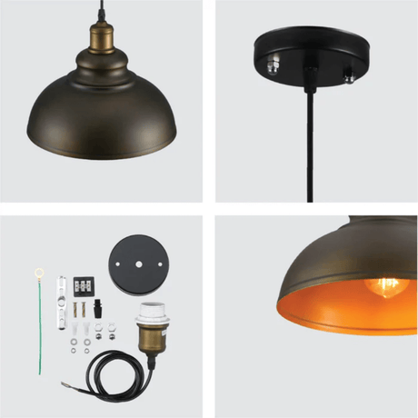 TKLD Pendant & Chandeliers Black or Antique Brass Dome Industrial Large Metal E27 Ceiling Pendant Light