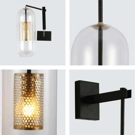 TKLD Wall & Sconce Lights Clear Cylinder Glass Gold Cage Black Body Wall Light E27 Fitting