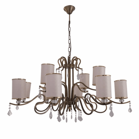 TKLD Pendant & Chandeliers Cream Shade Antique Brass Metal Arm Ceiling E14 Chandelier Light with Pendeloque Crystals  - 12 Shades