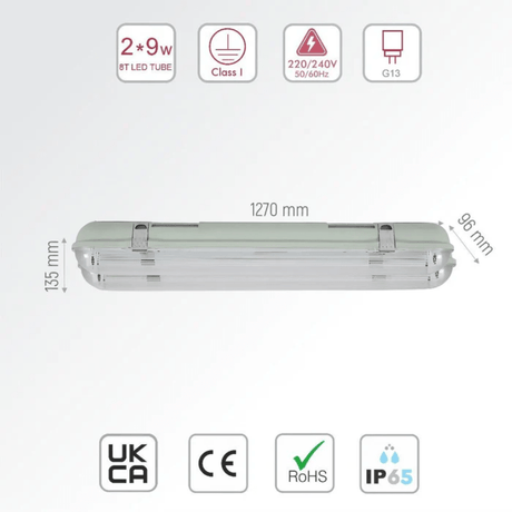 TKLD Ceiling Lights Double Tube Weatherproof Non Corrosive 2ft LED Fitting Batten Light - 9W