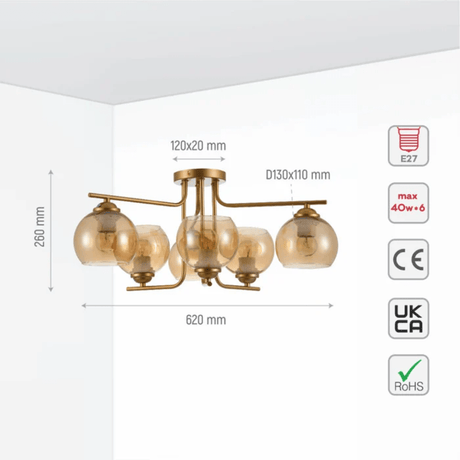 TKLD Ceiling Lights Gold 6 Lamp L shape Metal Amber Dome Glass Ceiling Light - 40W