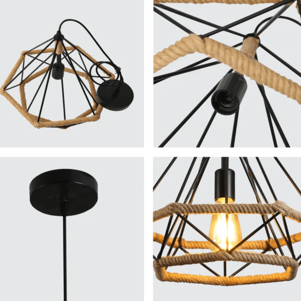 TKLD Pendant & Chandeliers Manila Hemp Rope Diamond E27 Black Pendant Light - D250mm/D380mm