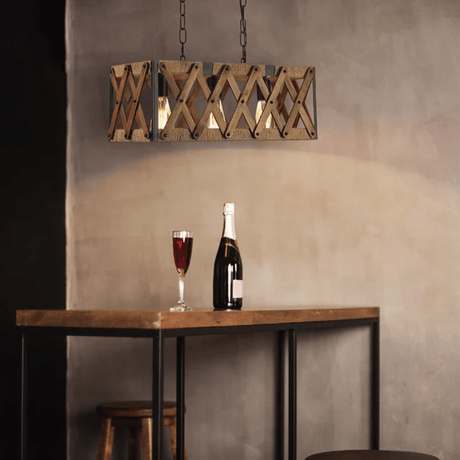 TKLD Pendant & Chandeliers Oak Wood Farmhouse Cuboid Island Chandelier Ceiling Light