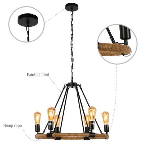 TKLD Pendant & Chandeliers Rustic Charm Jute-Wrapped Circle Chandelier Light - 40W