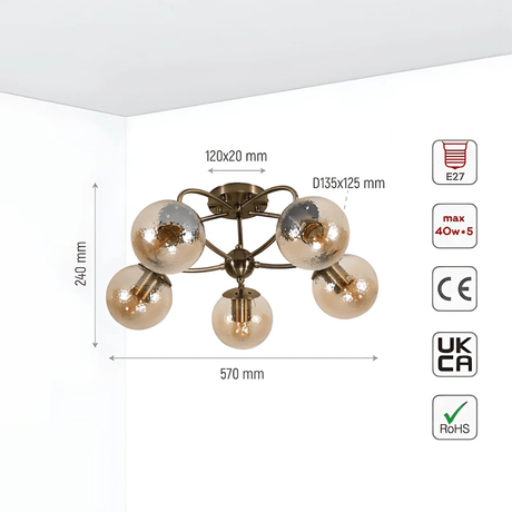 TKLD Ceiling Lights Textured Amber 5 Lamp Globe Semi Flush Ceiling Light - 40W