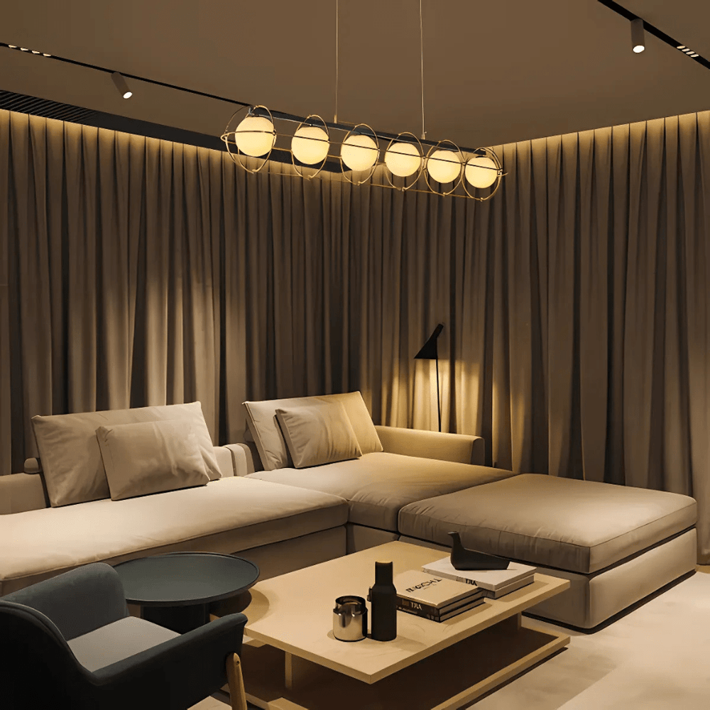 TKLD Pendant & Chandeliers Vintage-Modern Linear Orb G9 Chandelier with Geometric Gold Detailing