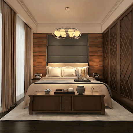 TKLD Pendant & Chandeliers Vintage-Modern Round Orb G9 Chandelier with Geometric Gold Detailing
